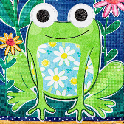 Welcome Friends Frog Burlap Flag green frog on blue background with daisies, burlap texture on Tampa Home & Garden Store