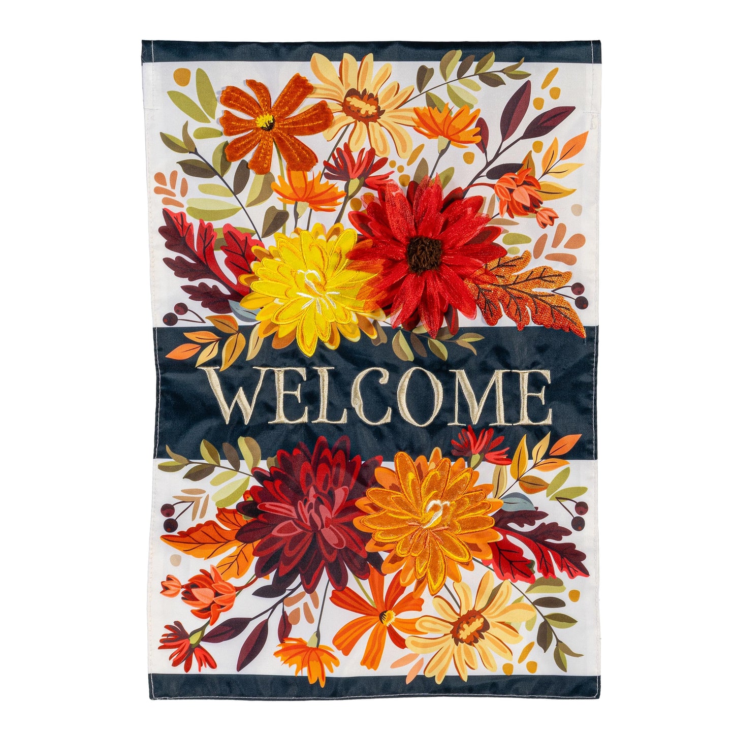 Fall Floral Applique House Flag with orange, yellow and red blossoms on white field and navy border on Tampa Home & Garden Store