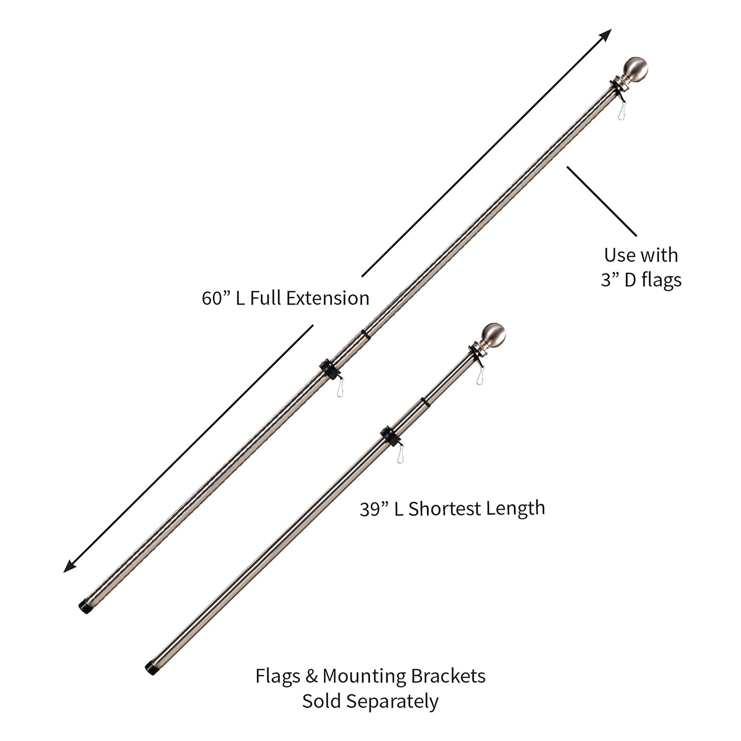 Extendable metal house flag poles with ball finials, 60 in full extension, Evergreen Enterprises on Tampa Home & Garden Store