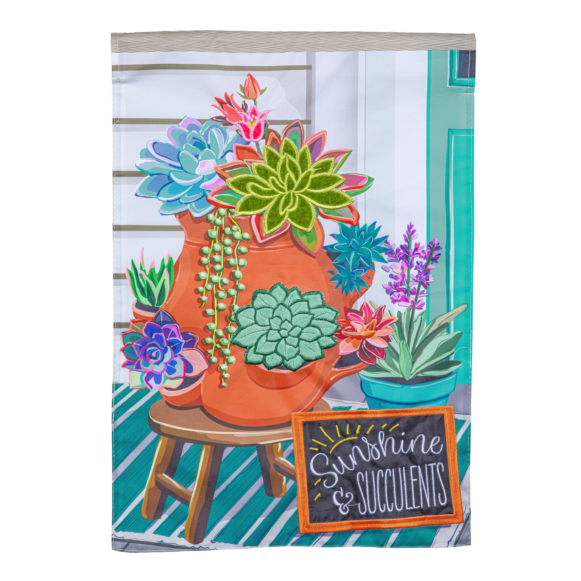 Succulent in Strawberry Pot applique garden flag with bright colorful succulents on Tampa Home & Garden Store