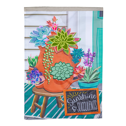 Succulent in Strawberry Pot applique garden flag with bright colorful succulents on Tampa Home & Garden Store