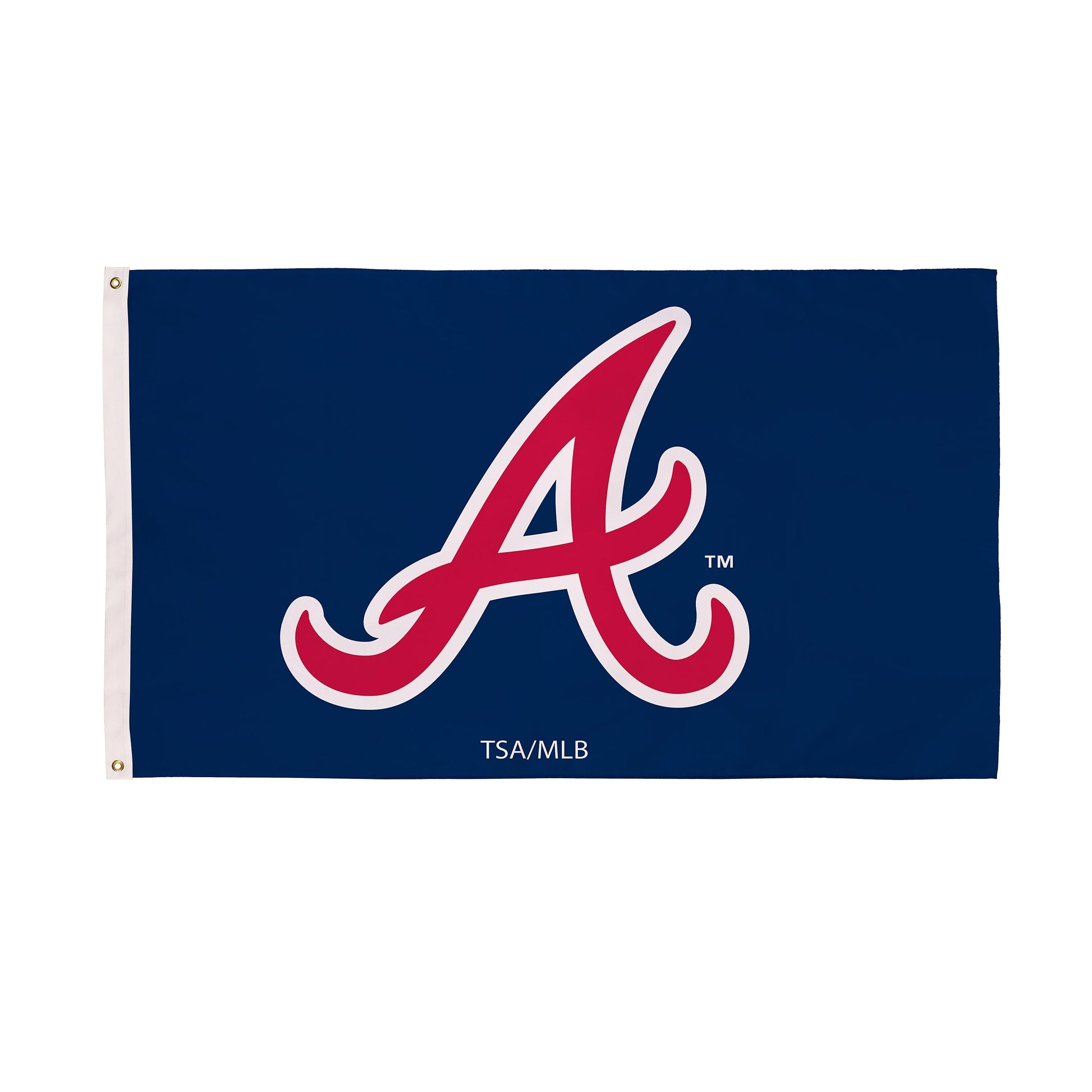 Atlanta Braves single-sided sublimated flag 3x5 with 2 grommets on white hoist on Tampa Home & Garden Store