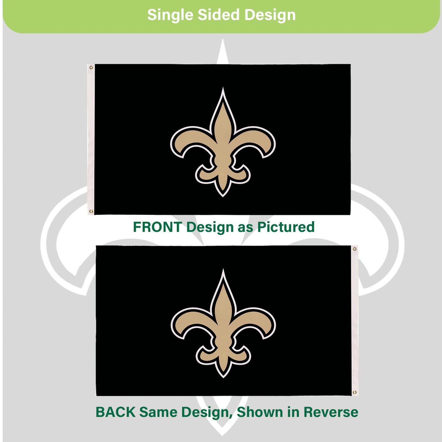 Saints estate flag 3'x5' single-sided with 2 grommets, black field and gold fleur-de-lis on Tampa Home & Garden Store