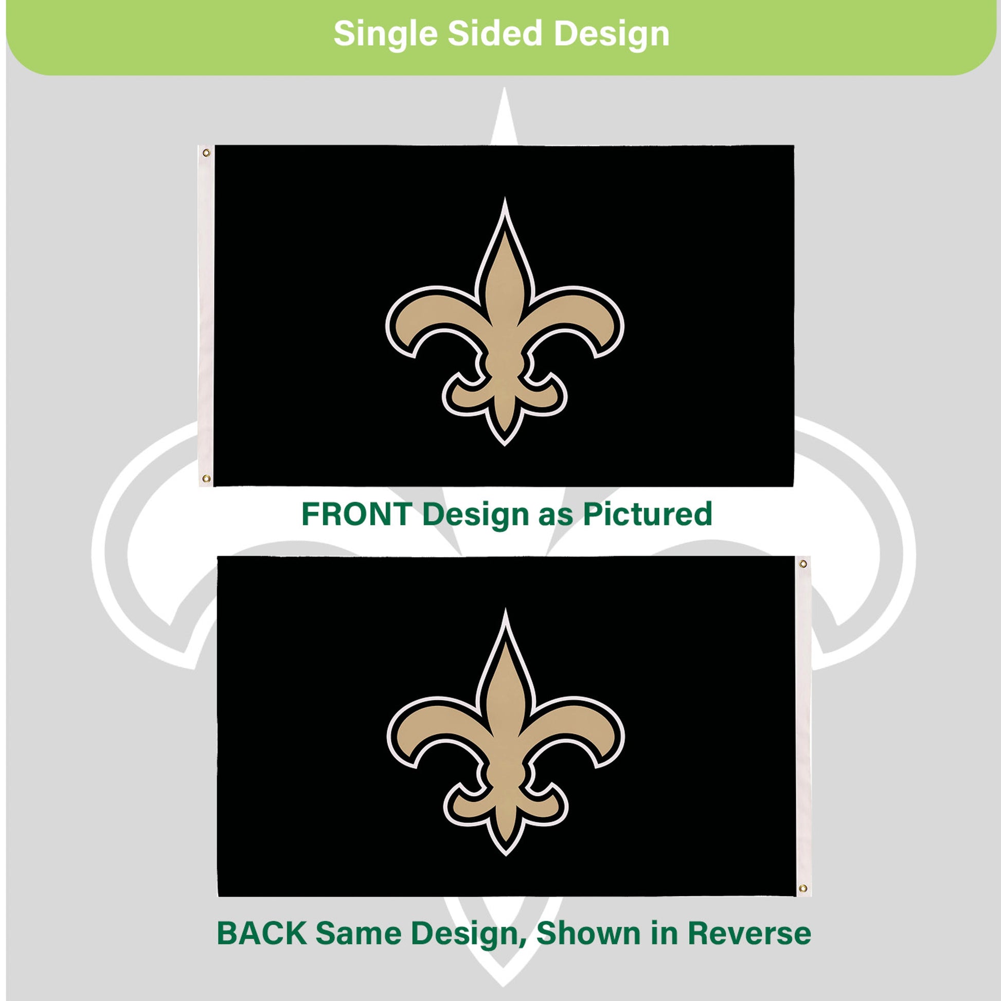 Saints estate flag 3'x5' single-sided with 2 grommets, black field and gold fleur-de-lis on Tampa Home & Garden Store