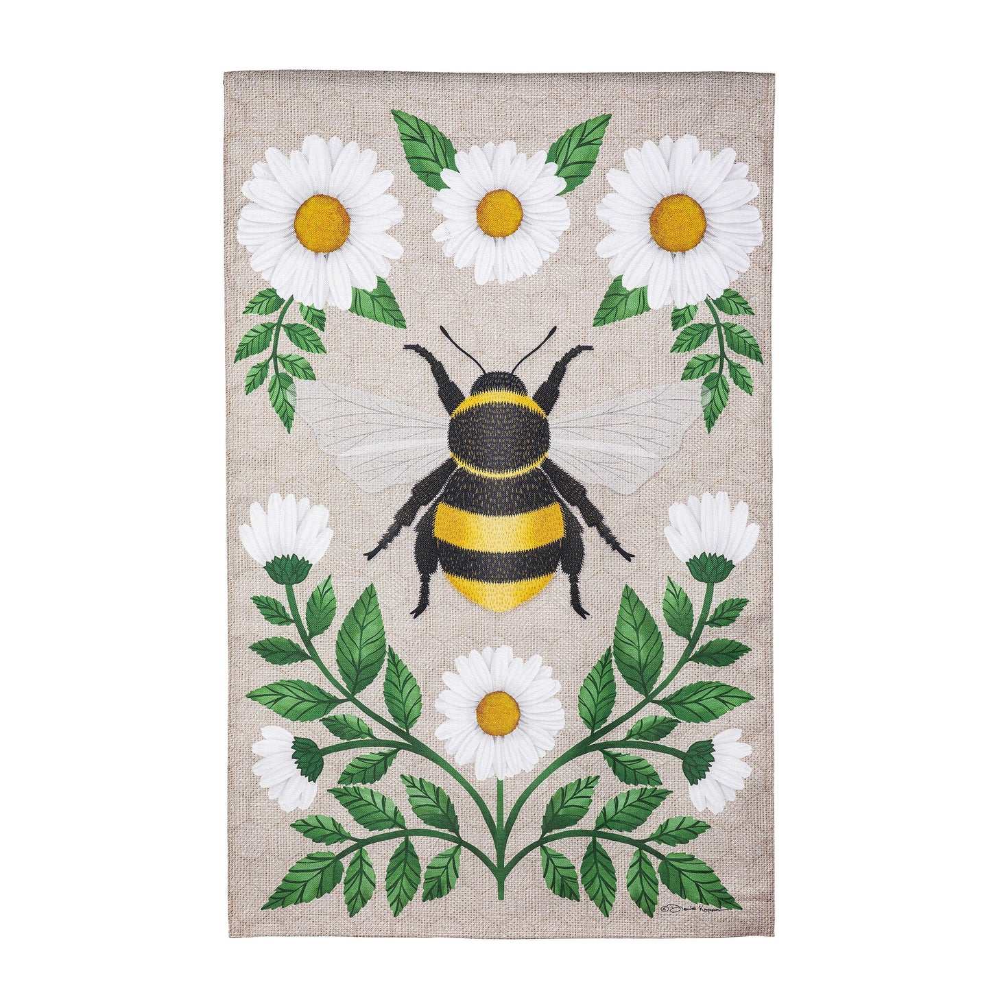 Garden Prince Burlap House Flag with white daisies and a bee on burlap backdrop on Tampa Home & Garden Store