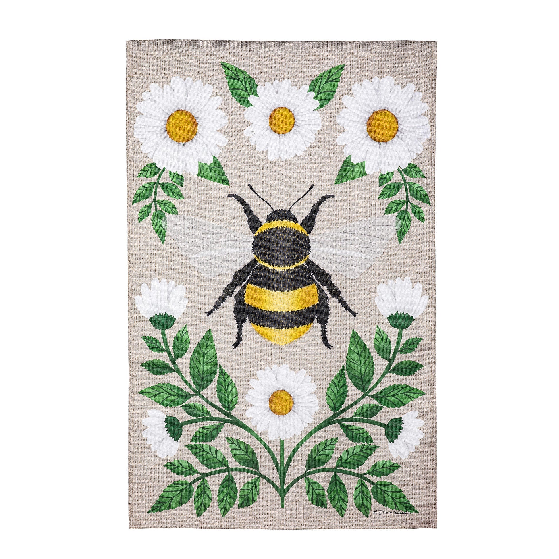Garden Prince Burlap House Flag with white daisies and a bee on burlap backdrop on Tampa Home & Garden Store