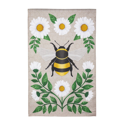 Garden Prince Burlap House Flag with white daisies and a bee on burlap backdrop on Tampa Home & Garden Store