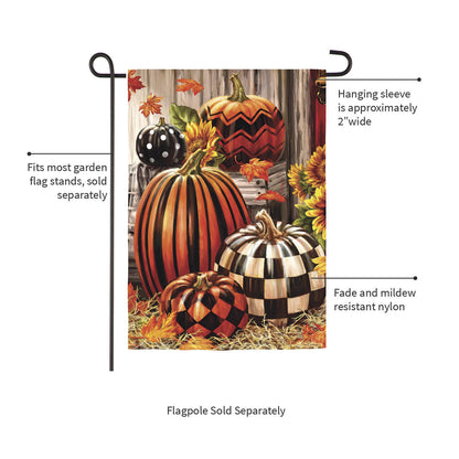 Fall Harvest Pumpkins Burlap Garden Flag with pumpkin motif on rustic burlap fabric on Tampa Home & Garden Store