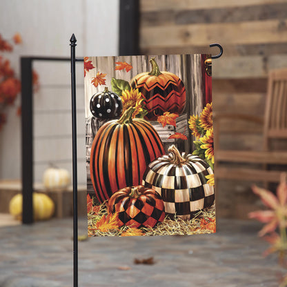 Fall Harvest Pumpkins Burlap Garden Flag featuring pumpkins and autumn leaves on a metal stand on Tampa Home & Garden Store