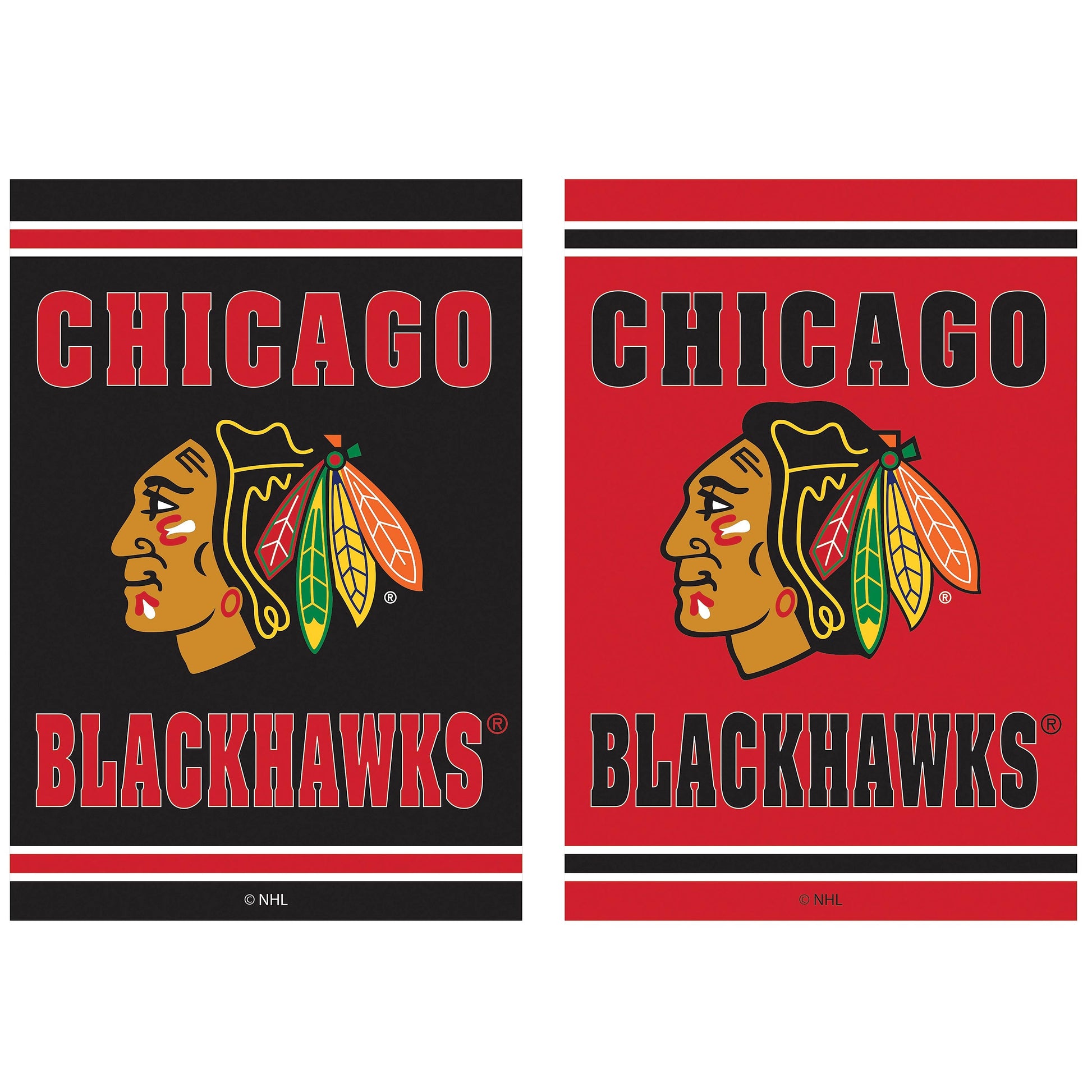 Chicago Blackhawks embossed suede flag pair, black and red with logo, by Evergreen Enterprises on Tampa Home & Garden Store