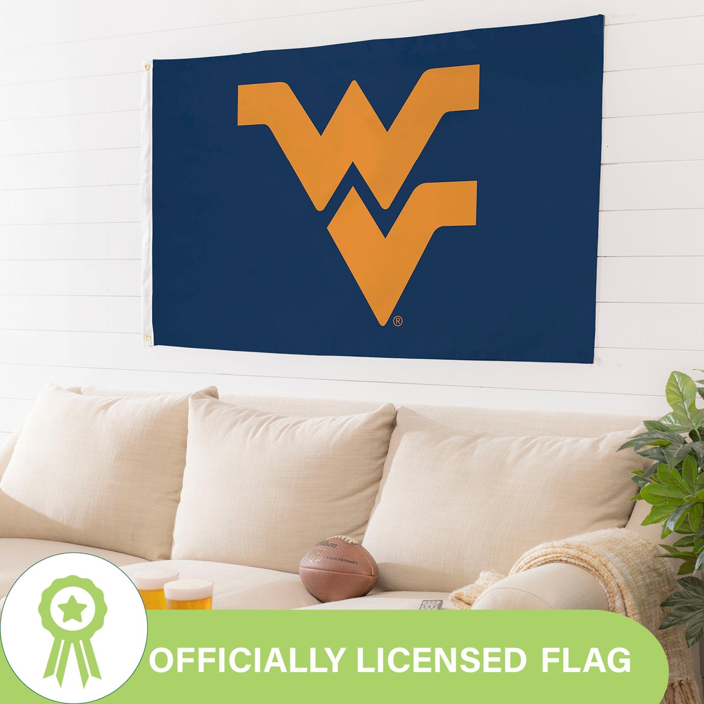 West Virginia University estate flag 3x5 navy with orange WV monogram and 2 grommets on wall on Tampa Home & Garden Store