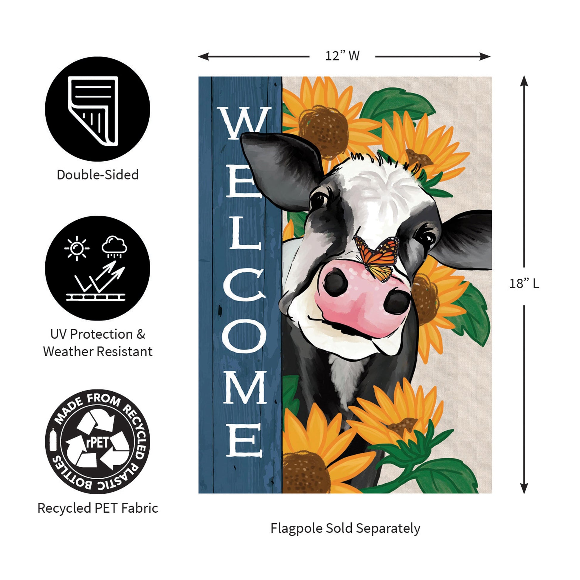 Mooove Over For Fall suede garden flag with cow and sunflowers on a blue panel on Tampa Home & Garden Store