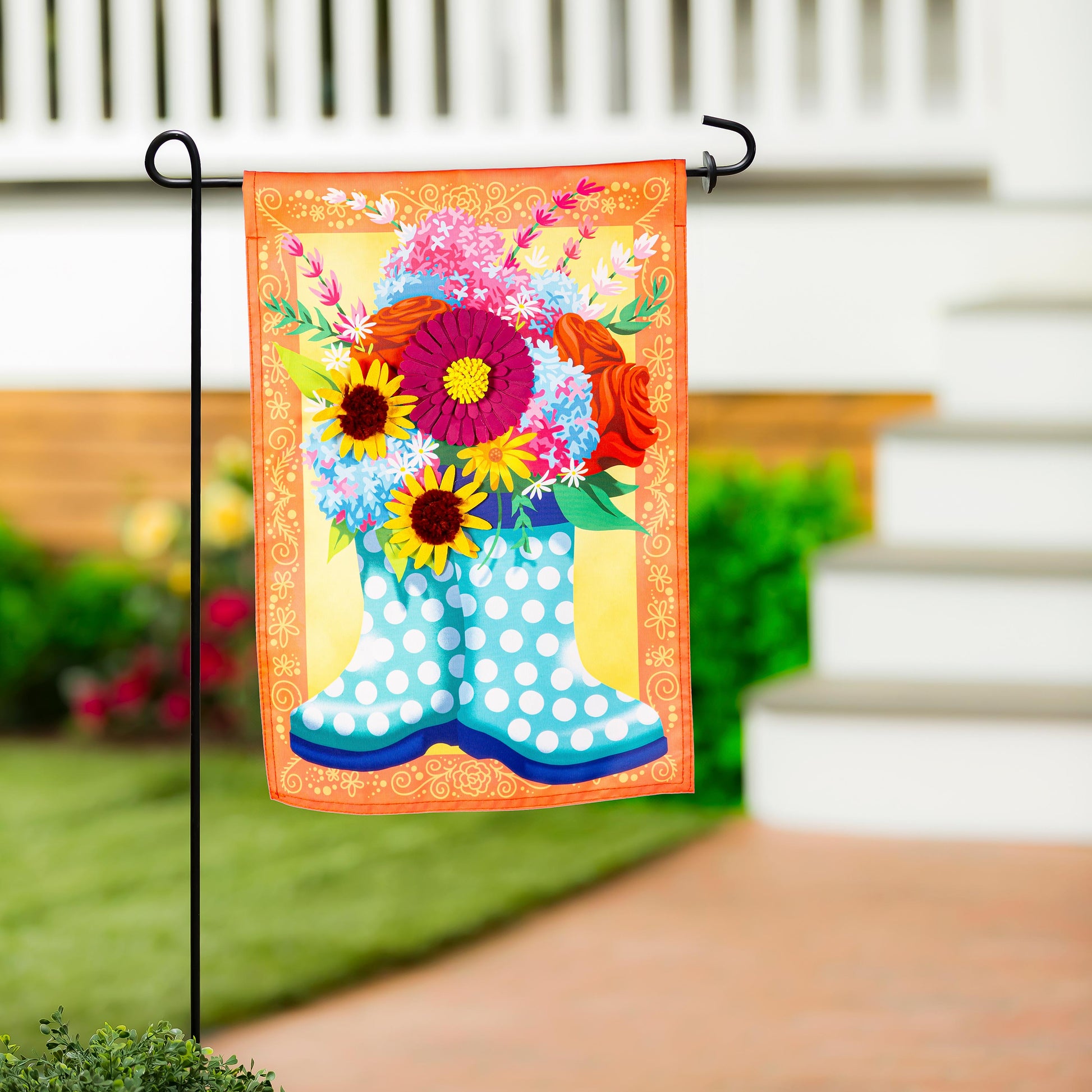 Floral Rain Boots Applique Garden Flag with bright multicolor flowers on orange border on Tampa Home & Garden Store
