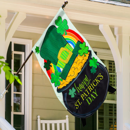 End of the Rainbow Applique House Flag with green shamrocks and bright rainbow arcs on Tampa Home & Garden Store