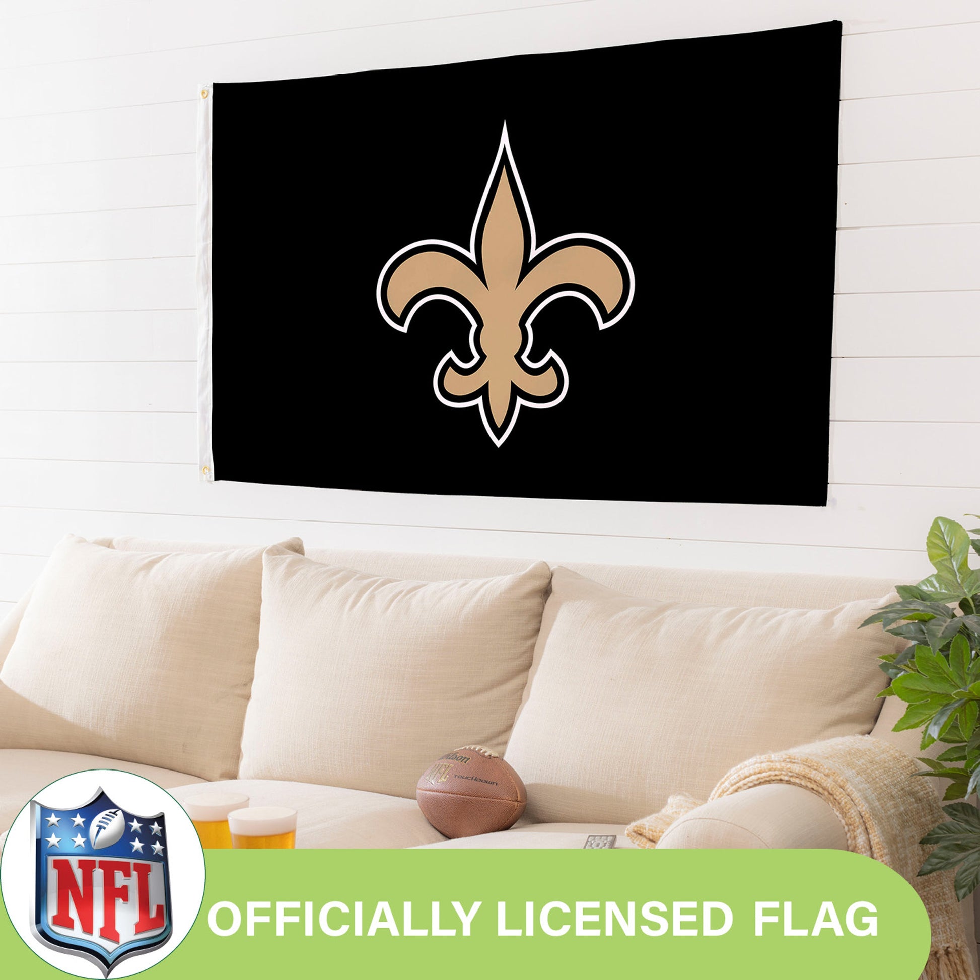 New Orleans Saints estate flag 3x5, 2-grommets, black field with gold fleur-de-lis, Evergreen on Tampa Home & Garden Store