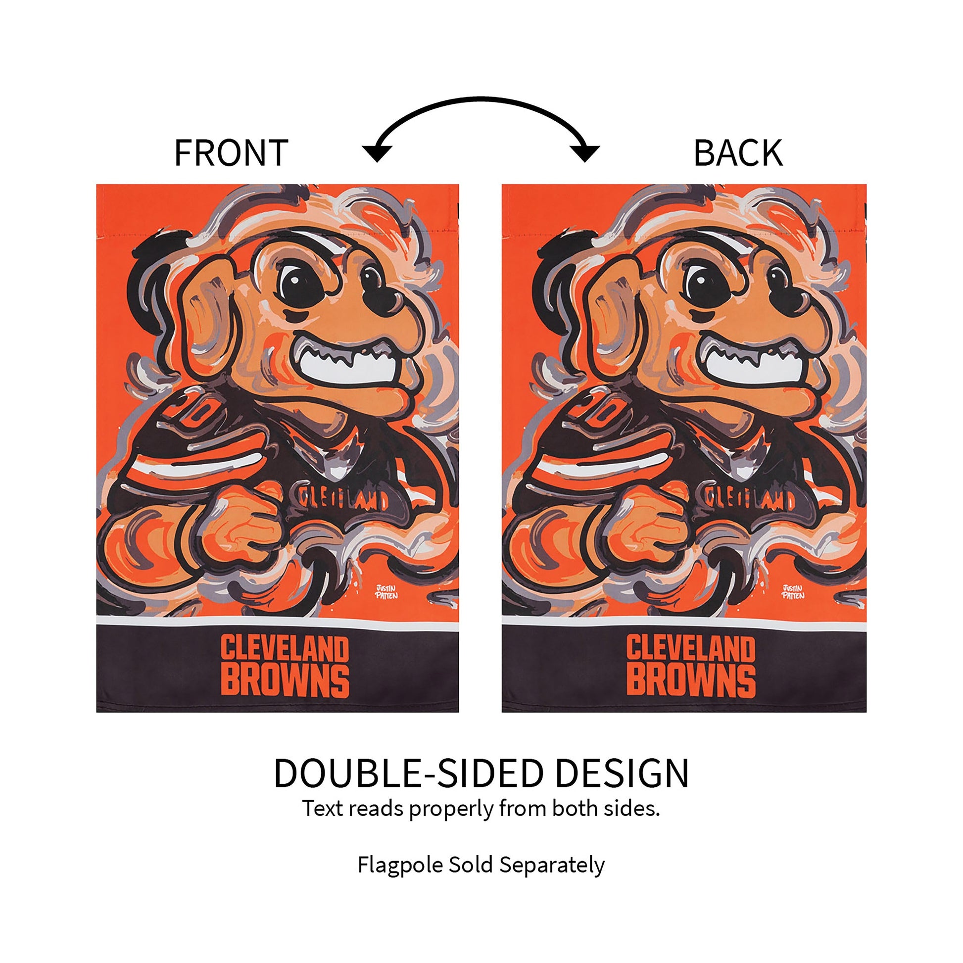 Cleveland Browns suede flag by Justin Patten, orange double-sided flag with Browns artwork on Tampa Home & Garden Store