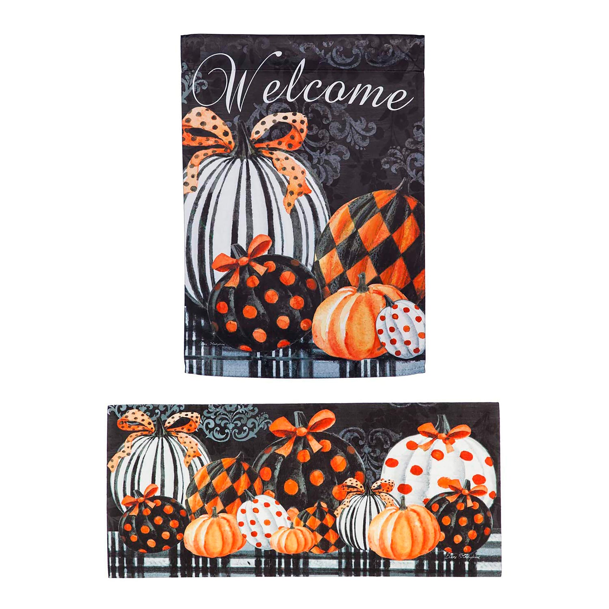 Sassafras flag and mat insert featuring pumpkin pattern with orange pumpkins on dark damask on Tampa Home & Garden Store