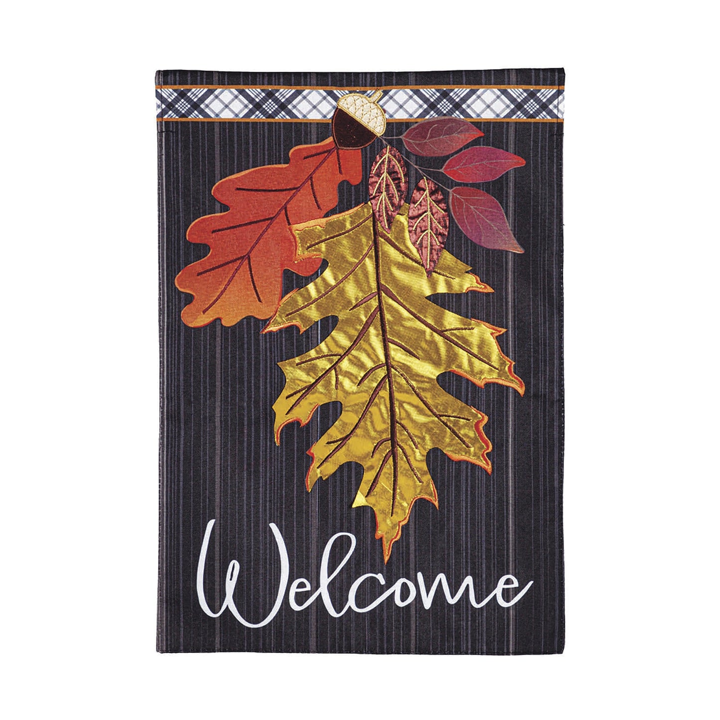 Welcome Autumn Leaves Garden Linen Flag with dark striped background and plaid top band on Tampa Home & Garden Store