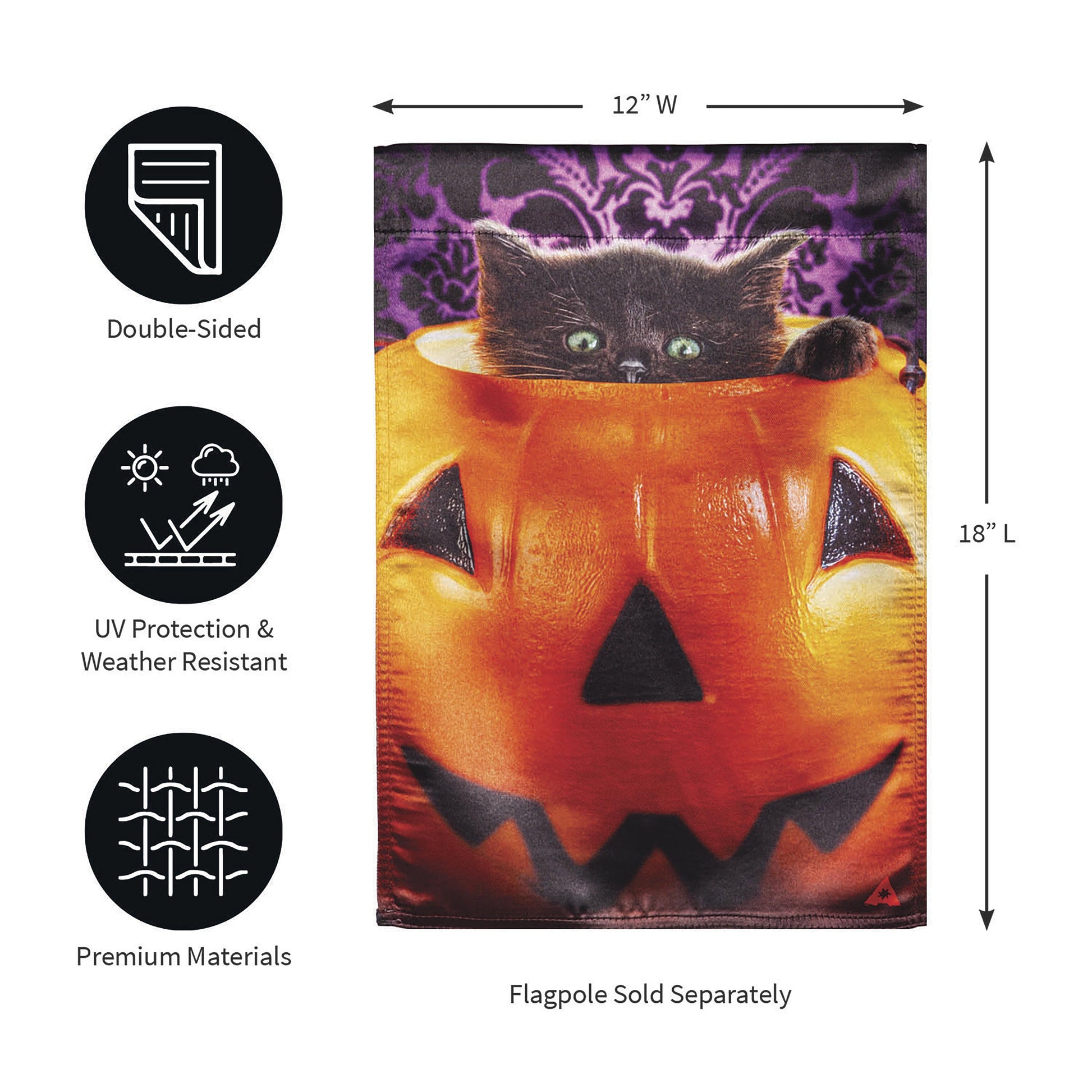 Lustre garden flag featuring a kitten in a jack o'lantern pumpkin bucket with purple backdrop on Tampa Home & Garden Store