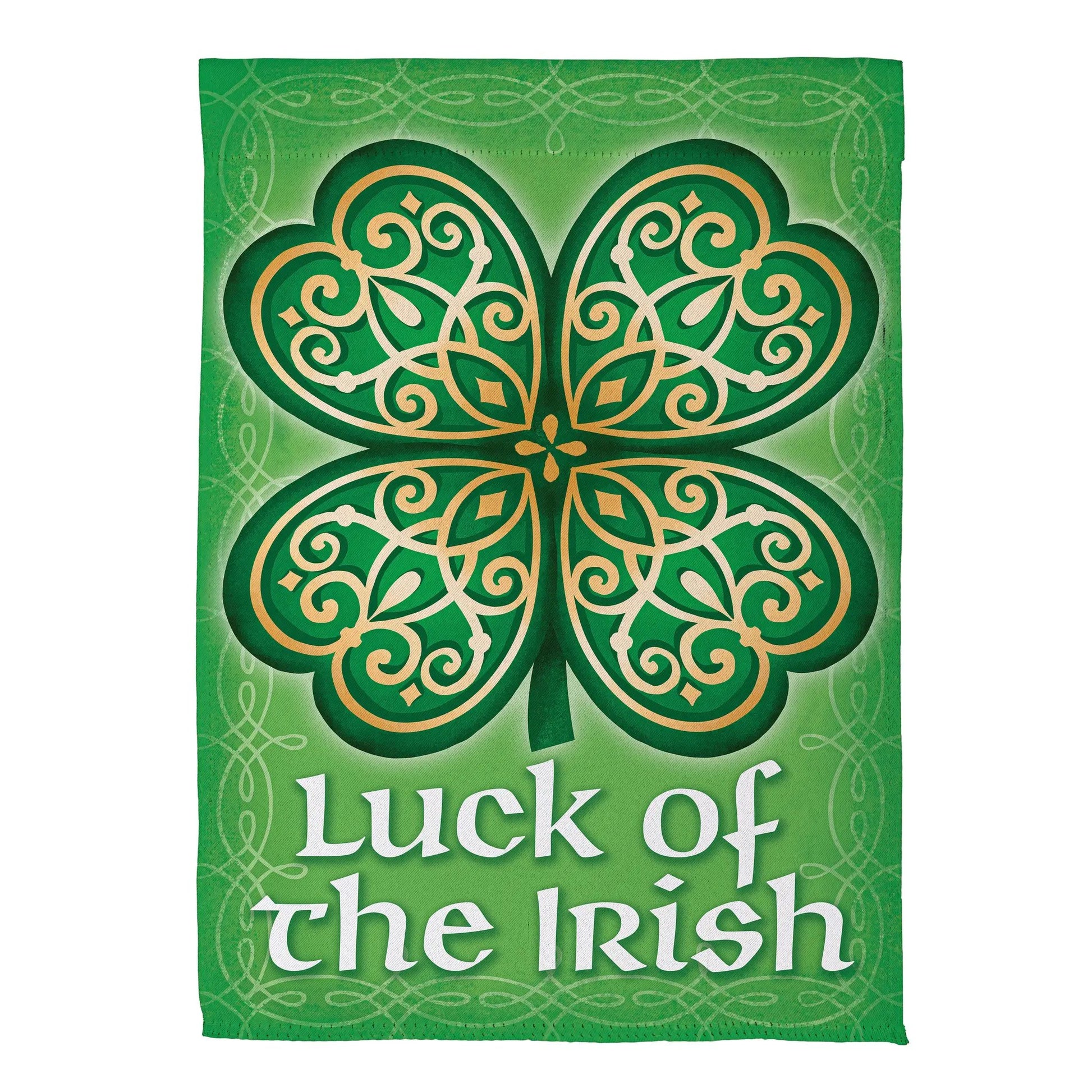 Luck of Irish suede garden flag in green with gold Celtic knot design by Evergreen Enterprises on Tampa Home & Garden Store