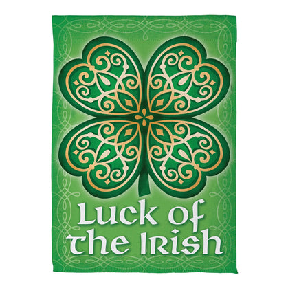 Luck of Irish suede garden flag in green with gold Celtic knot design by Evergreen Enterprises on Tampa Home & Garden Store