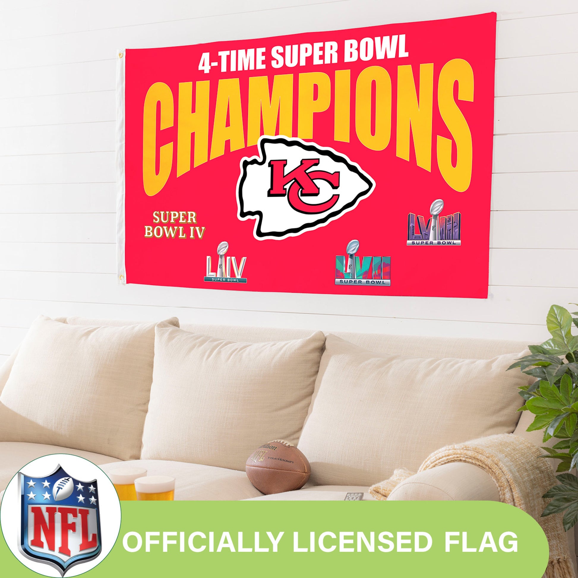 Kansas City Chiefs 3x5 sublimated flag with red field, yellow CHAMPIONS text and Chiefs logo on Tampa Home & Garden Store