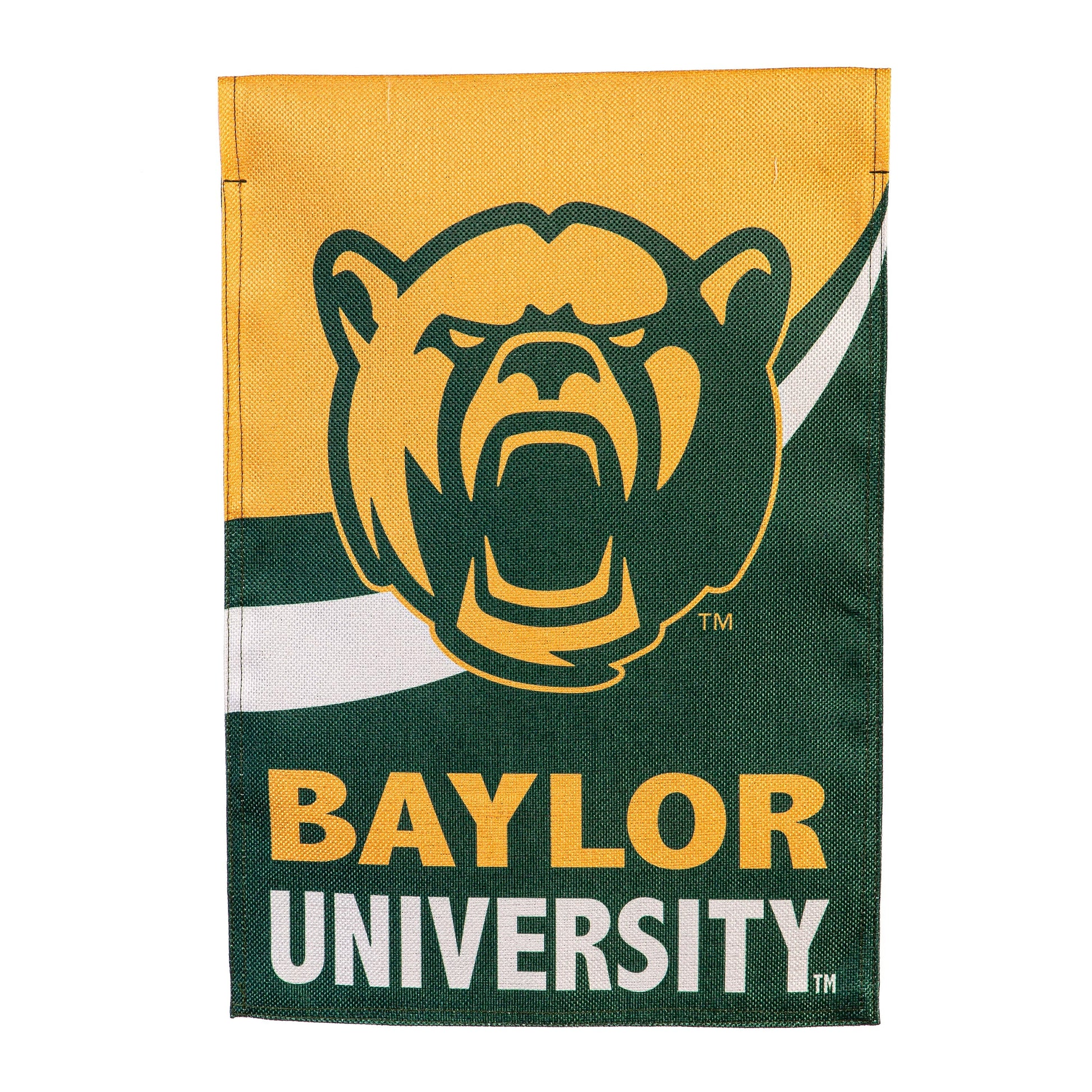 Baylor University burlap flag in green and gold with bear logo by Evergreen Enterprises on Tampa Home & Garden Store