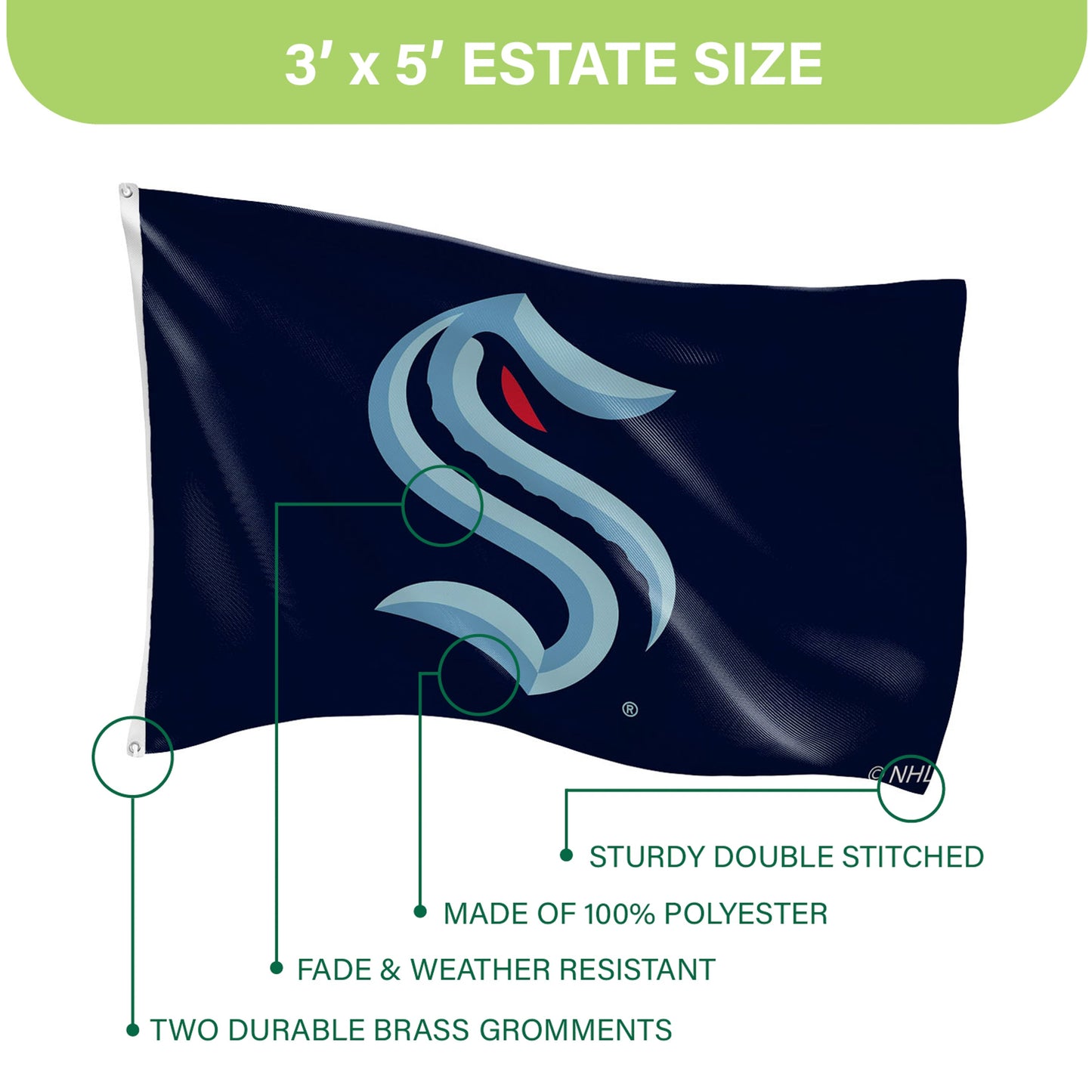 Seattle Kraken 3x5 flag with 2 grommets, sublimated navy design by Evergreen Enterprises on Tampa Home & Garden Store