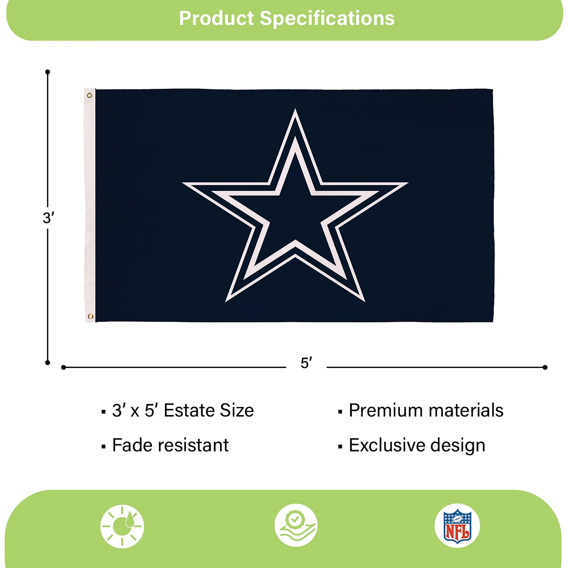Dallas Cowboys estate flag 3x5 navy with white star, sublimated design, two brass grommets on Tampa Home & Garden Store