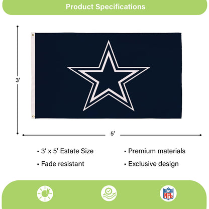 Dallas Cowboys estate flag 3x5 navy with white star, sublimated design, two brass grommets on Tampa Home & Garden Store