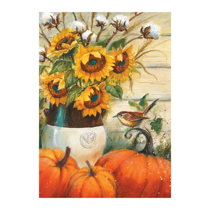 Cotton & Sunflowers suede garden flag with sunflowers and cotton bolls on weathered wood background on Tampa Home & Garden Store