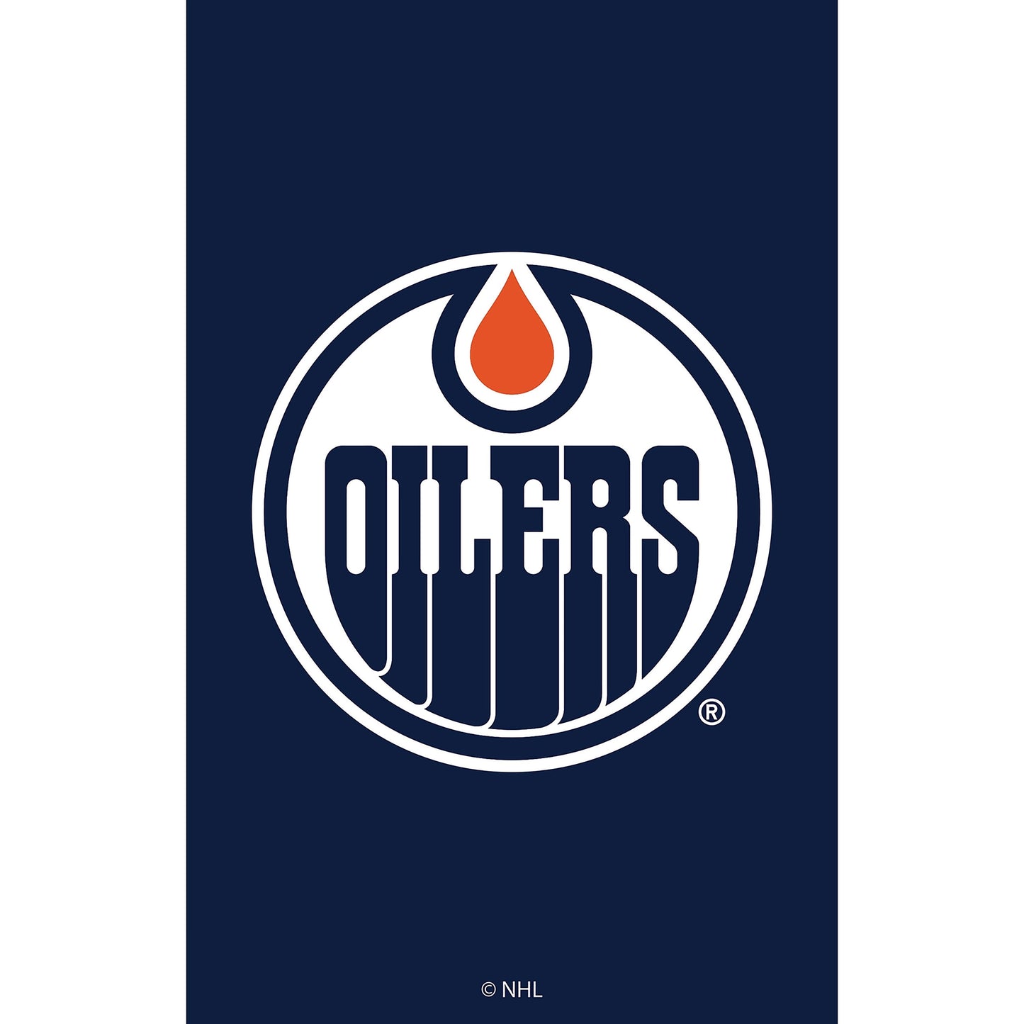Applique flag Edmonton Oilers logo on navy background with white border and orange droplet on Tampa Home & Garden Store