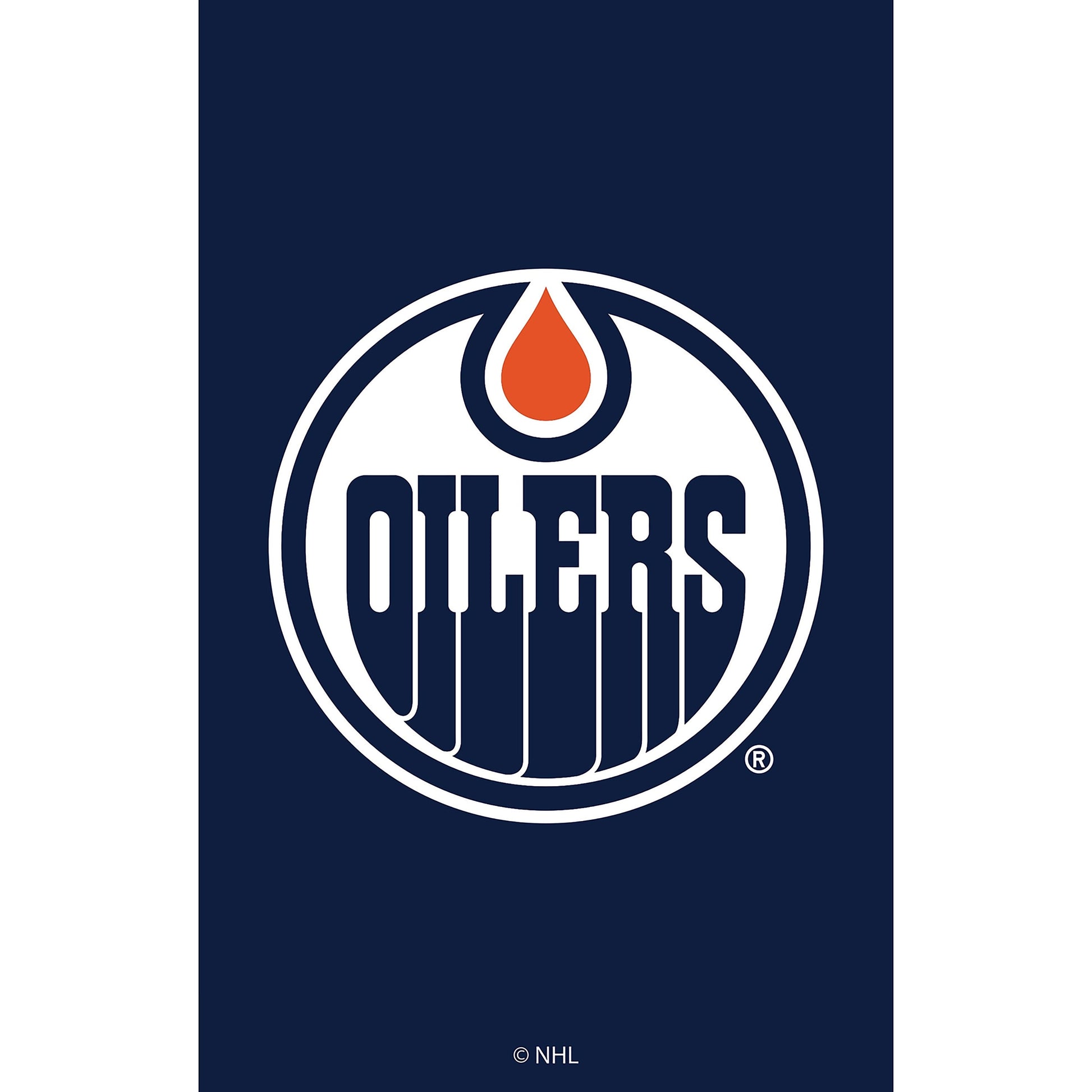 Applique flag Edmonton Oilers logo on navy background with white border and orange droplet on Tampa Home & Garden Store