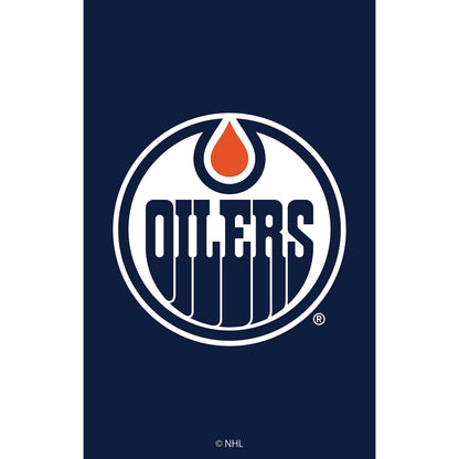 Applique flag Edmonton Oilers logo on navy background with white border and orange droplet on Tampa Home & Garden Store