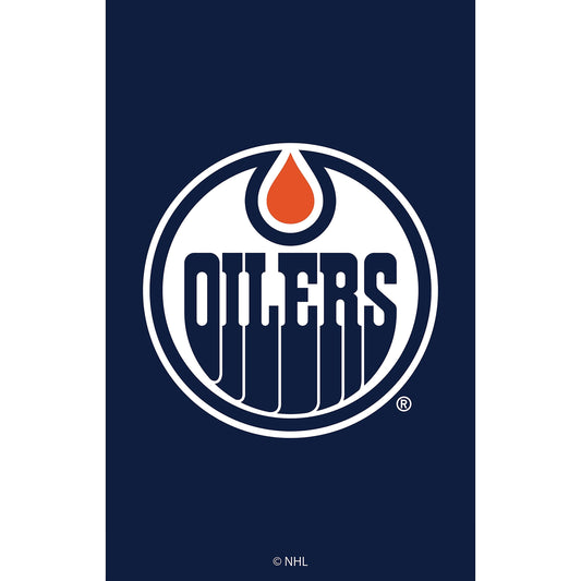 Applique flag Edmonton Oilers logo on navy background with white border and orange droplet on Tampa Home & Garden Store