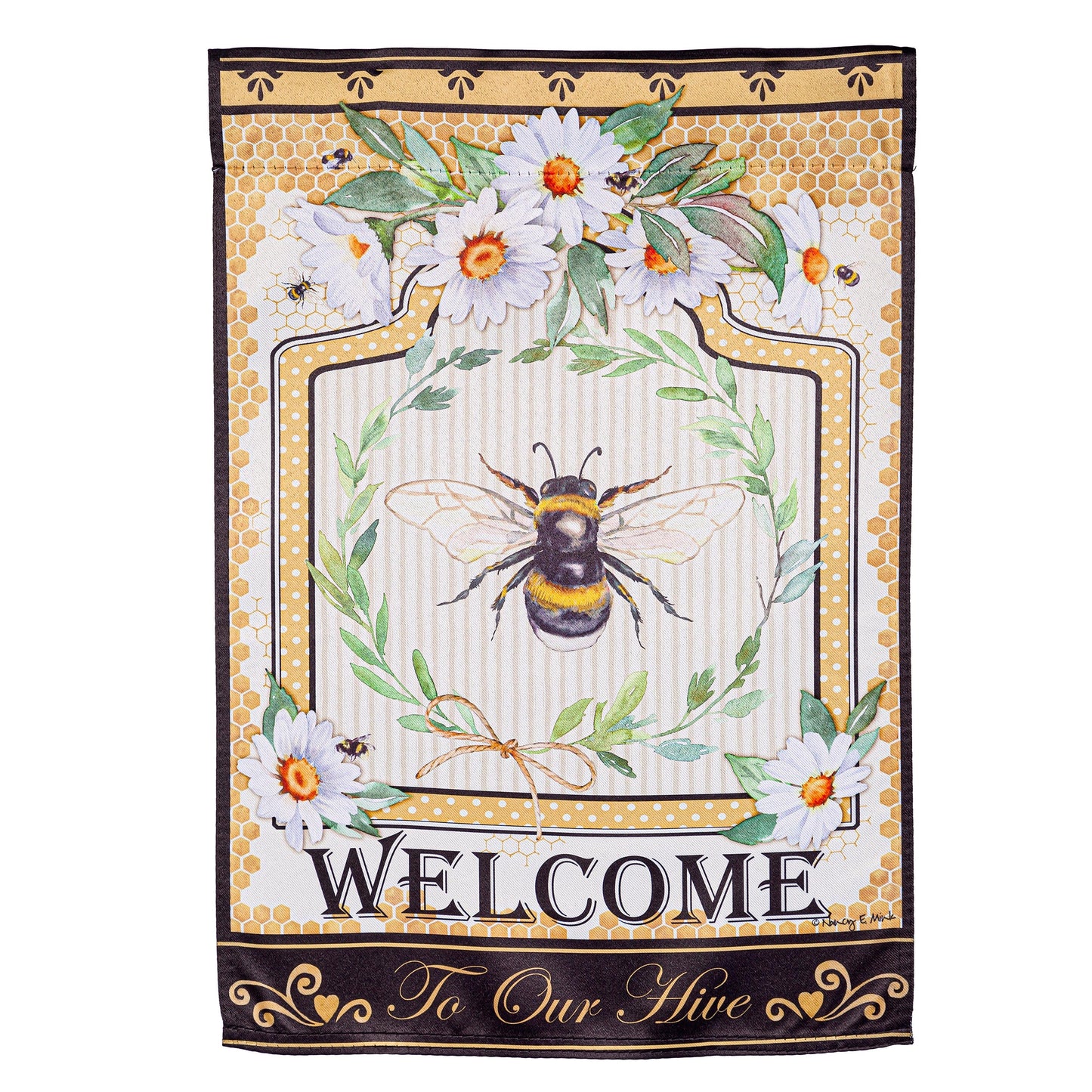 Humble Bee Suede Garden Flag by Evergreen Enterprises, honeycomb border daisies bees on Tampa Home & Garden Store
