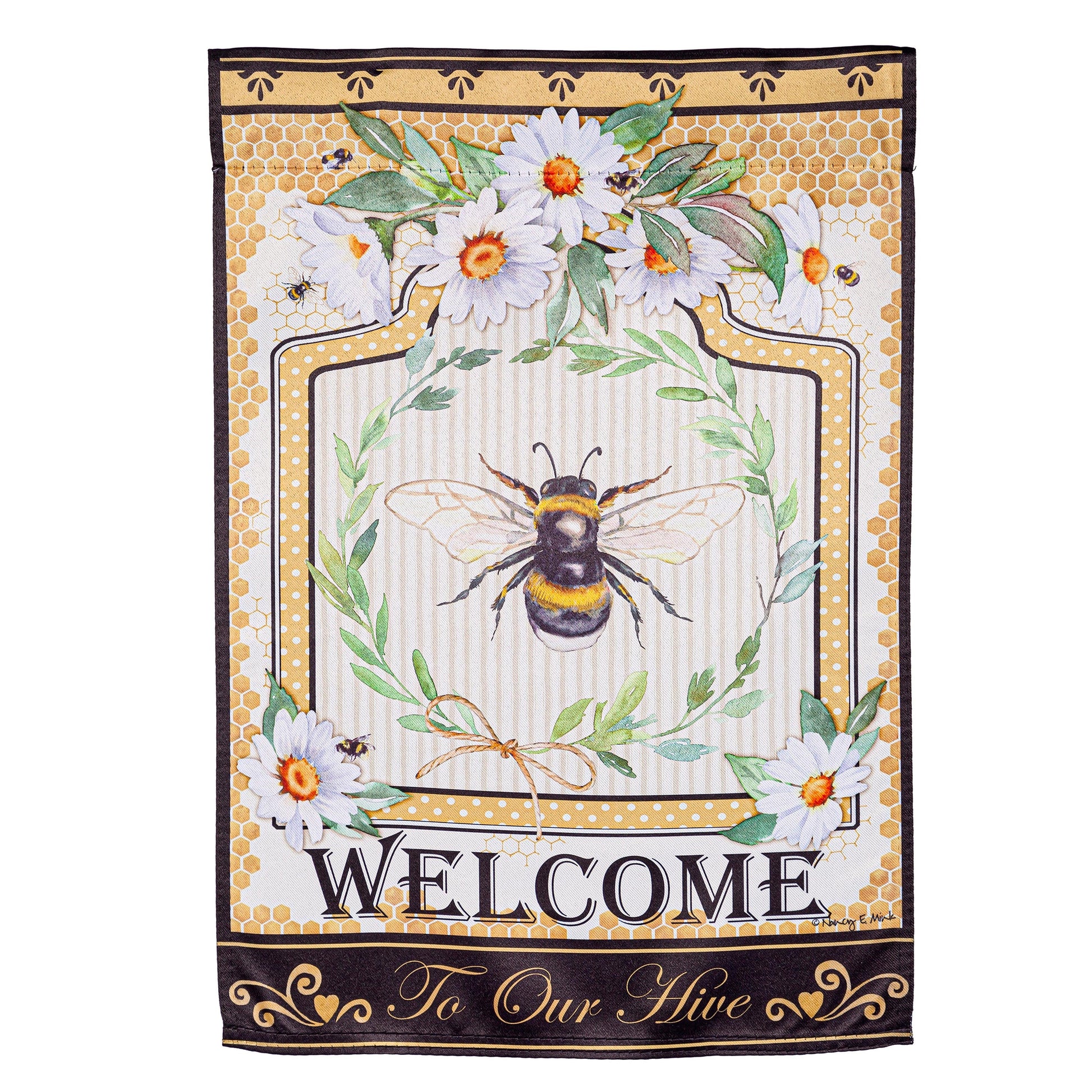 Humble Bee Suede Garden Flag by Evergreen Enterprises, honeycomb border daisies bees on Tampa Home & Garden Store
