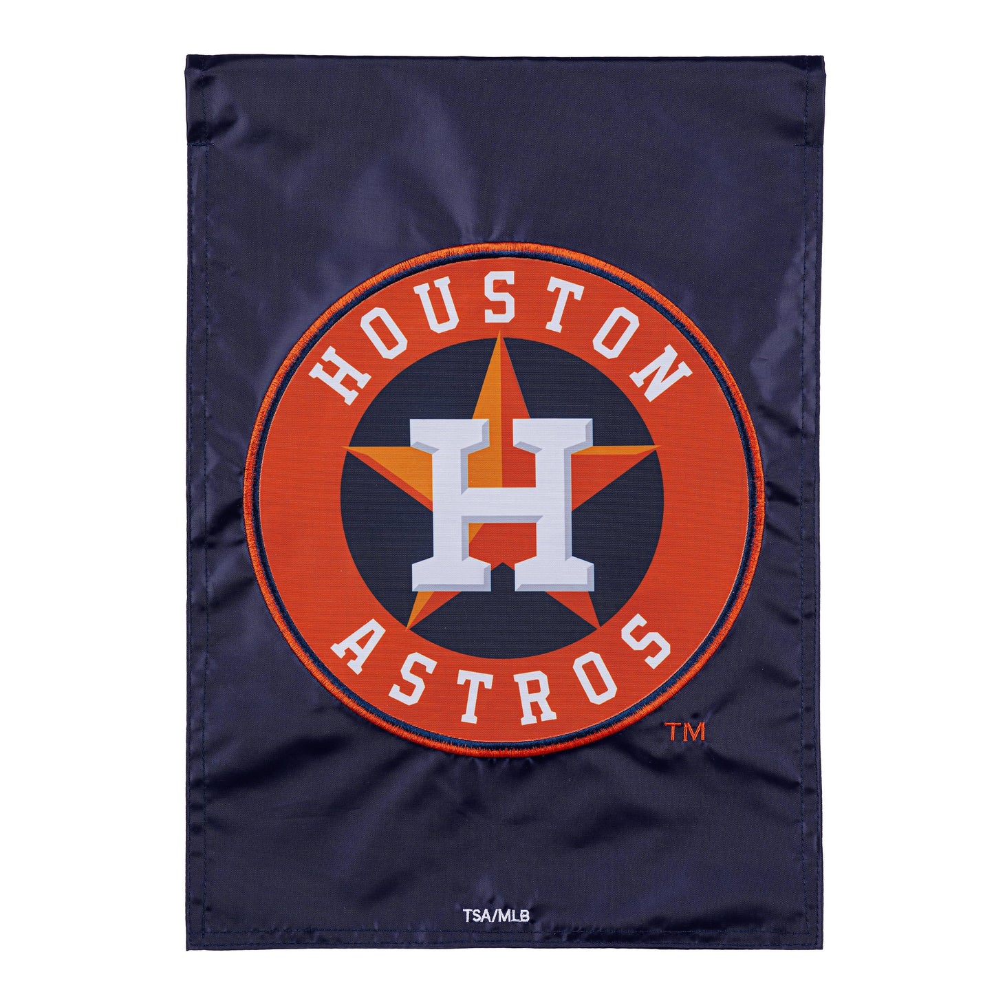 Houston Astros appliqué garden flag with orange circular Astros emblem on navy background on Tampa Home & Garden Store