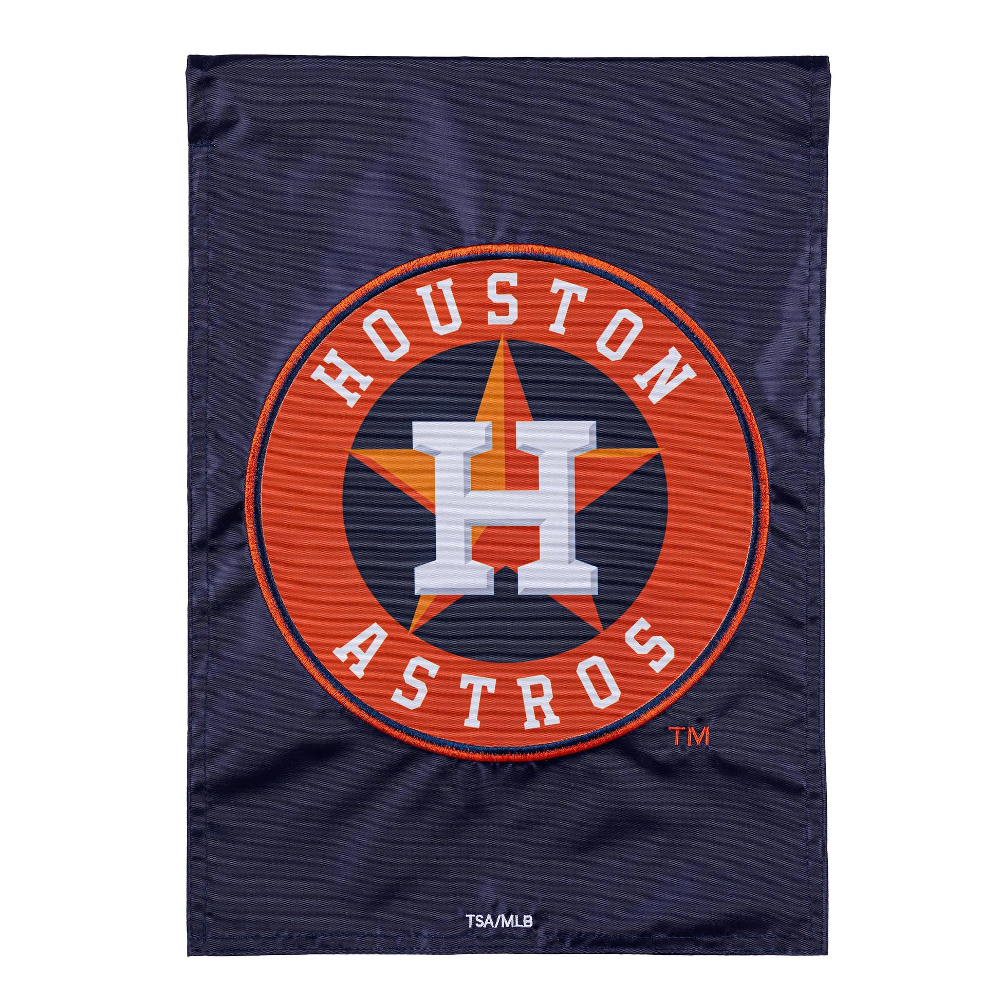Houston Astros appliqué garden flag with orange circular Astros emblem on navy background on Tampa Home & Garden Store