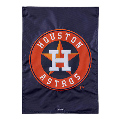 Houston Astros appliqué garden flag with orange circular Astros emblem on navy background on Tampa Home & Garden Store