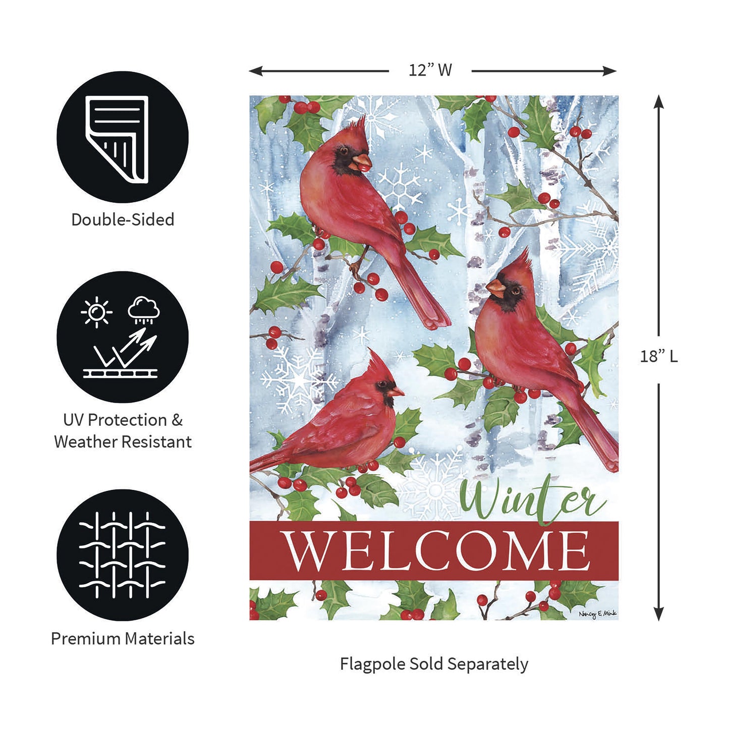 Winter Visit Suede Garden Flag 12x18 cardinal on holly in scene by Evergreen Enterprises on Tampa Home & Garden Store