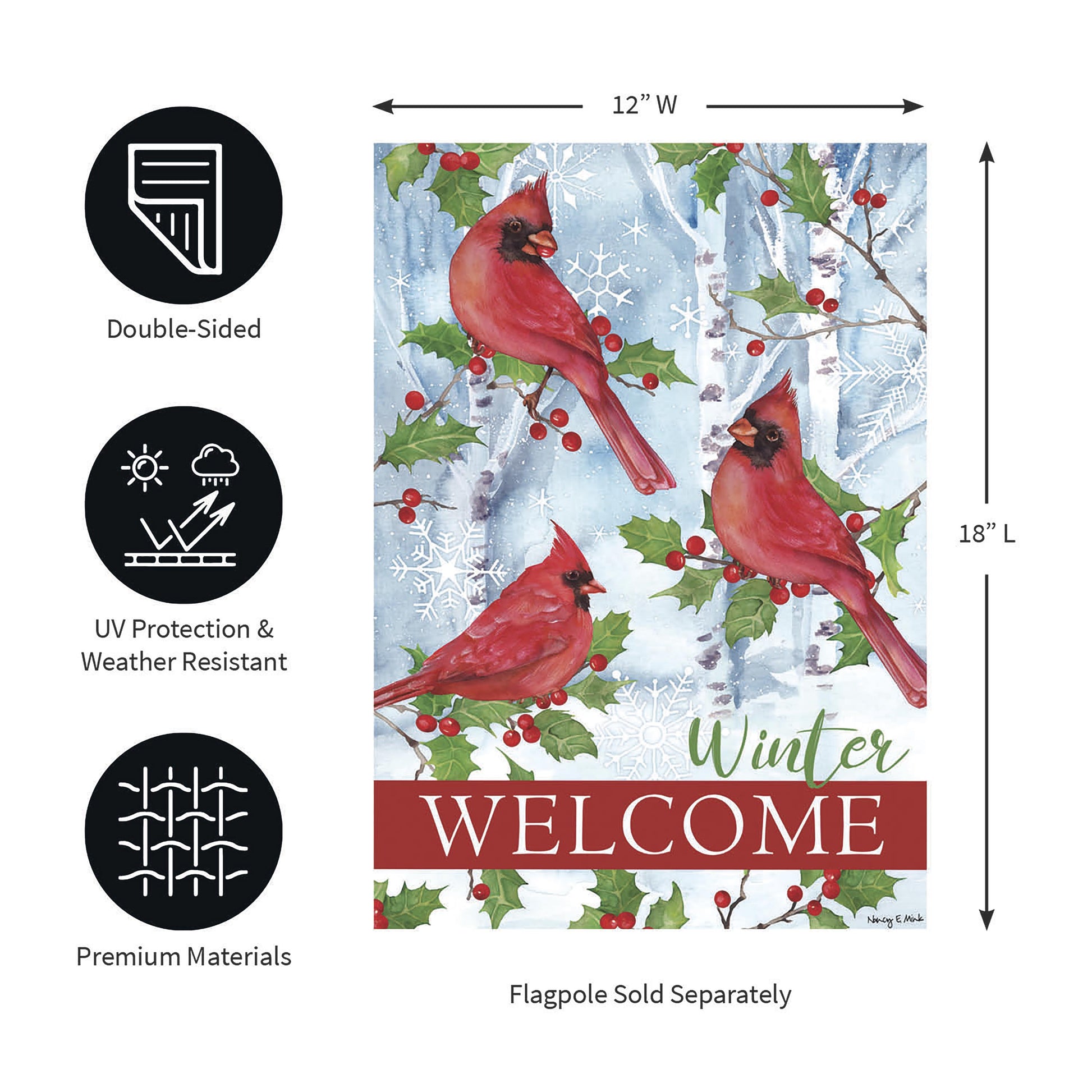 Winter Visit Suede Garden Flag 12x18 cardinal on holly in scene by Evergreen Enterprises on Tampa Home & Garden Store