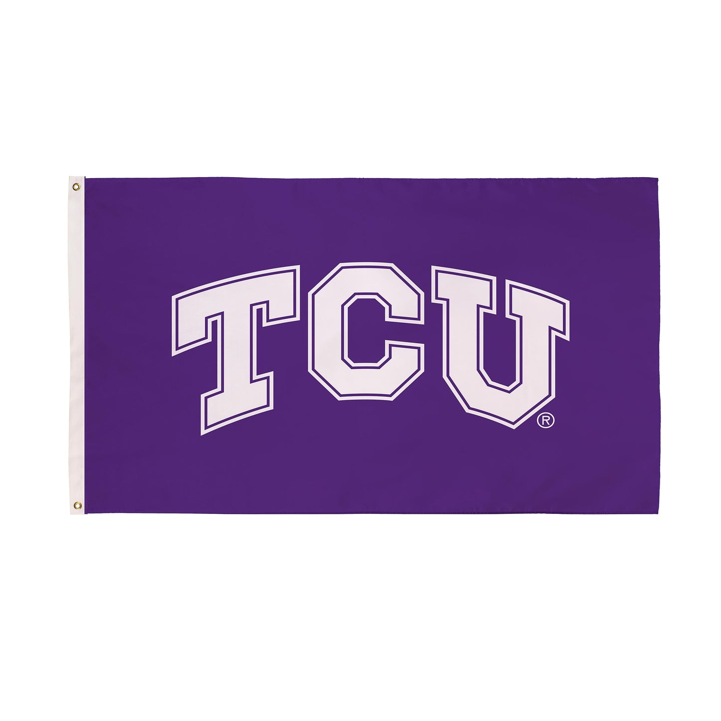 Sublimated TCU flag purple with white outlined letters and 2 grommets on Tampa Home & Garden Store