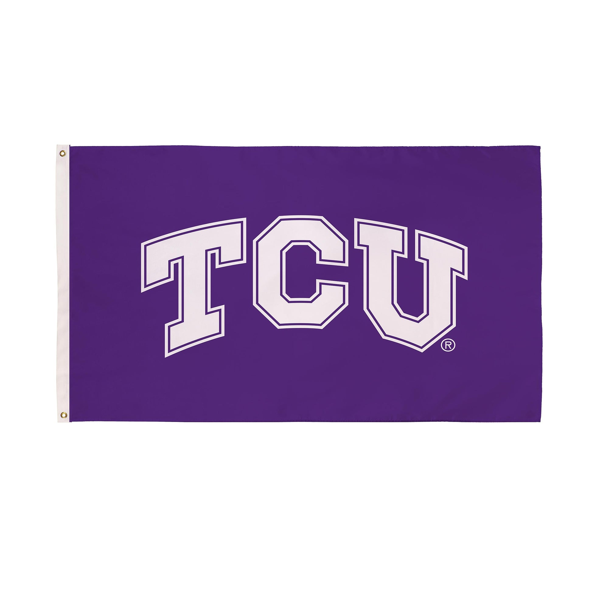 Sublimated TCU flag purple with white outlined letters and 2 grommets on Tampa Home & Garden Store