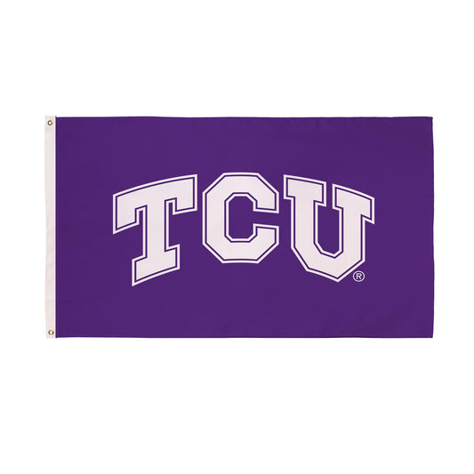 Sublimated TCU flag purple with white outlined letters and 2 grommets on Tampa Home & Garden Store