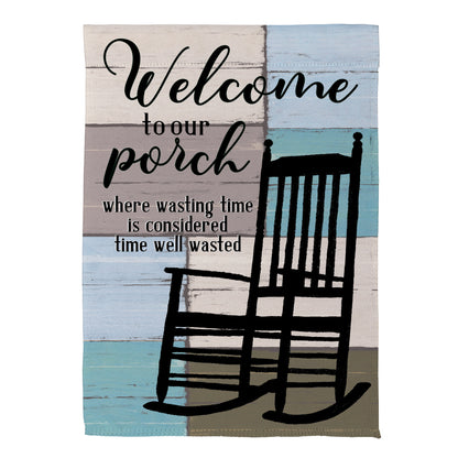 Porch Time Suede House Flag beige and blue wood plank backdrop with black script welcome to our porch on Tampa Home & Garden Store