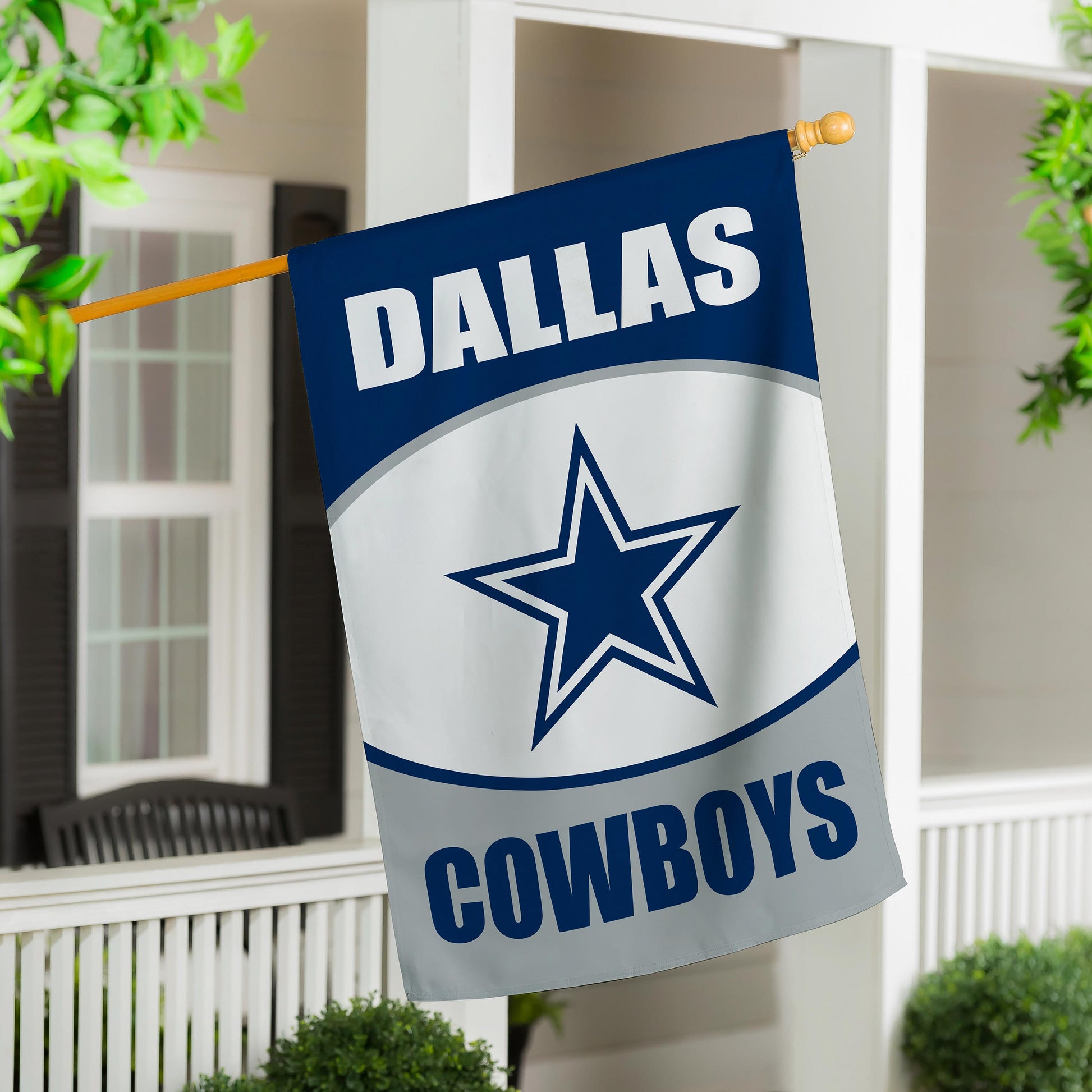 Dallas Cowboys suede house flag blue field with white DALLAS lettering and star emblem on Tampa Home & Garden Store