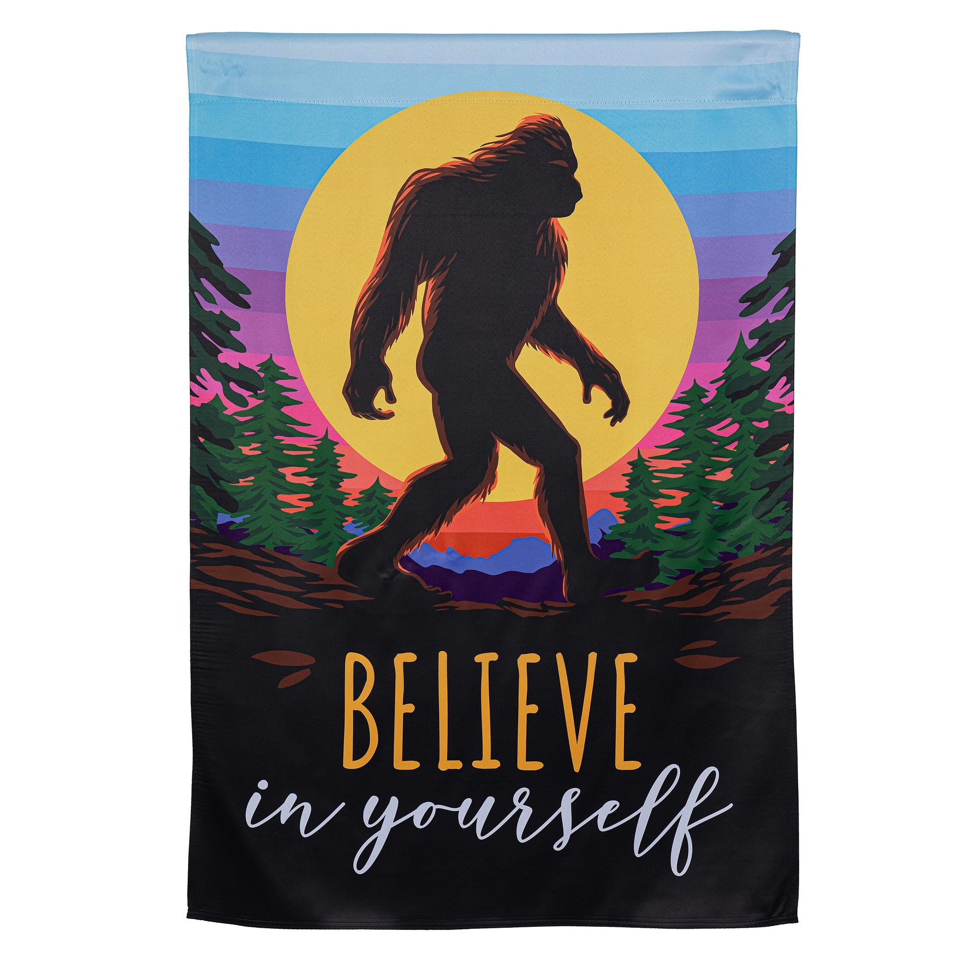 Big Foot Believe In Yourself suede flag with a black Sasquatch against a yellow sun backdrop on Tampa Home & Garden Store