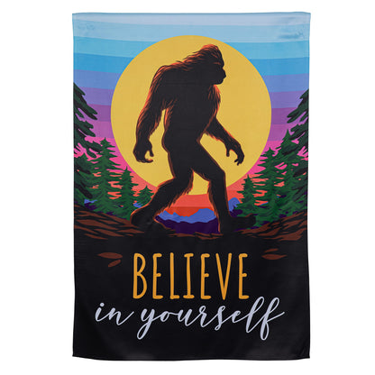 Big Foot Believe In Yourself suede flag with a black Sasquatch against a yellow sun backdrop on Tampa Home & Garden Store