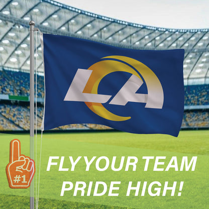 Los Angeles Rams flag, sublimated with 2 grommets, blue field and logo on a silver pole on Tampa Home & Garden Store